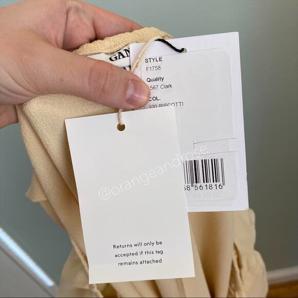 NWT GANNI Cream Tan Neutral Crepe Long Sleeve Ribbon Maxi Dress Clark 38 Medium - Picture 4 of 9